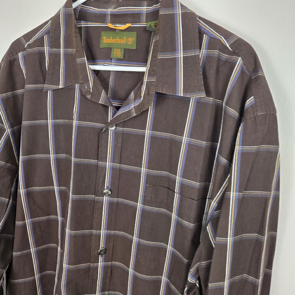 Timberland Men’s Brown Plaid Button Up Shirt Long Sleeve XXL 100% Cotton Gorpcor